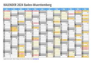 Kalender 2024 Baden-Wuerttemberg Monate mit Schulferien
