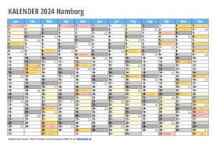 Kalender 2024 Hamburg Monate mit Schulferien