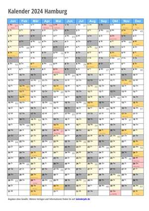 Kalender 2024 Hamburg Monate Hochformat mit Schulferien