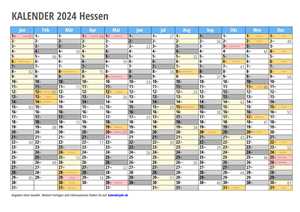 Kalender 2024 Hessen Monate mit Schulferien