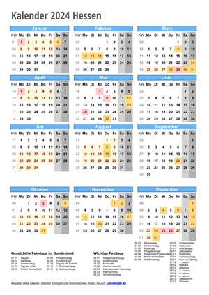 Kalender 2024 Hessen Hochformat mit Schulferien