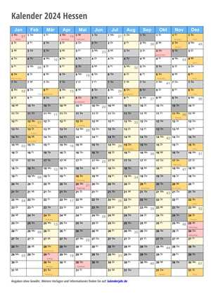 Kalender 2024 Hessen Monate Hochformat mit Schulferien