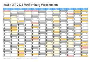 Kalender 2024 Mecklenburg-Vorpommern Monate mit Schulferien