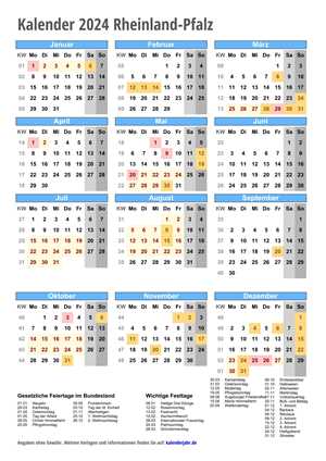 Kalender 2024 Rheinland-Pfalz Hochformat mit Schulferien