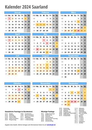 Kalender 2024 Saarland Hochformat mit Schulferien