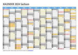 Kalender 2024 Sachsen Monate mit Schulferien