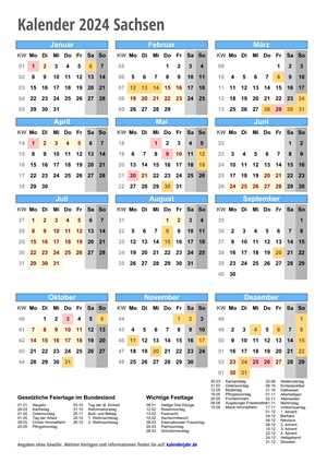 Kalender 2024 Sachsen Hochformat mit Schulferien
